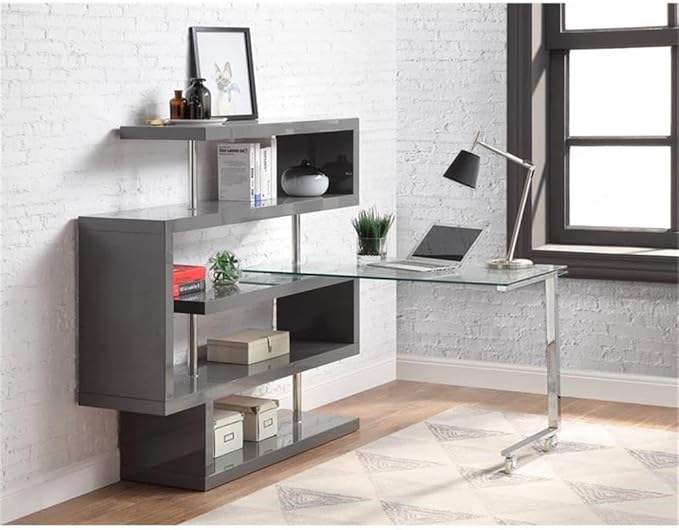 BOWERY HILL L-Shaped Glass Top Writing Desk Chrome and Gray High Gloss Finish Metal and MDF Construction 55 W x 24 D x 54 H 4 Shelves Swivel Function Modern Small Space Home Office Desk