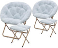 Athena Collection Round Saucer Chair with Ottoman Set of 2 for Adults Oversize Comfy Cozy Faux Fur Folding Reading Chair with Metal Leg Lazy Relaxing for Living Room Bedroom Dorm Apartment Blue