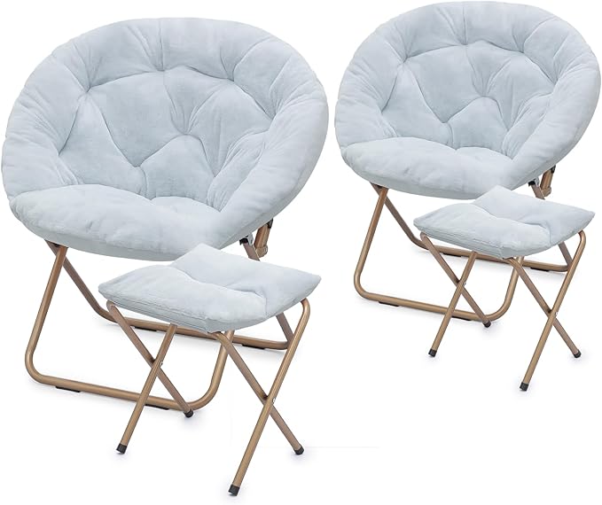 Athena Collection Round Saucer Chair with Ottoman Set of 2 for Adults Oversize Comfy Cozy Faux Fur Folding Reading Chair with Metal Leg Lazy Relaxing for Living Room Bedroom Dorm Apartment Blue