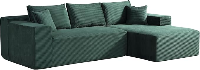 Ridge 2-Piece Convertible Corduroy L-Shaped Sofa in a Box with Pillows 3-Seater Modular Sectional Couch Compressed Living Room Furniture Dark Green (Right Facing)