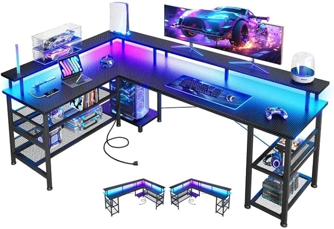 ODK 66 L Shaped Gaming Desk with Power Outlet and LED Lights PC Gaming Table with Carbon Fiber Texture Reversible L Shape Desk with Storage Shelves &amp Monitor Stand Home Office Desk Black