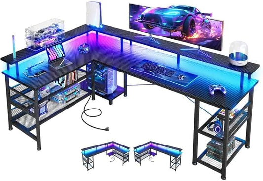 ODK 66 L Shaped Gaming Desk with Power Outlet and LED Lights PC Gaming Table with Carbon Fiber Texture Reversible L Shape Desk with Storage Shelves &amp Monitor Stand Home Office Desk Black