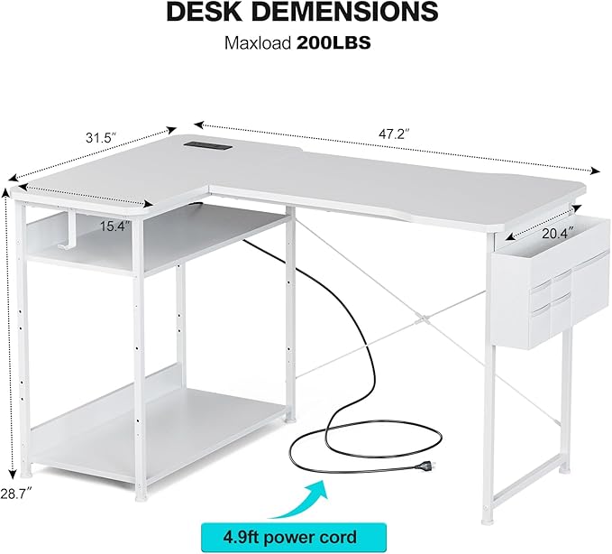 L Shaped Gaming Desk 48 Inch - Computer Corner Desk with Power Outlets Reversible Shelves &amp Storage Bag for Home Office PC Gaming Table White Carbon