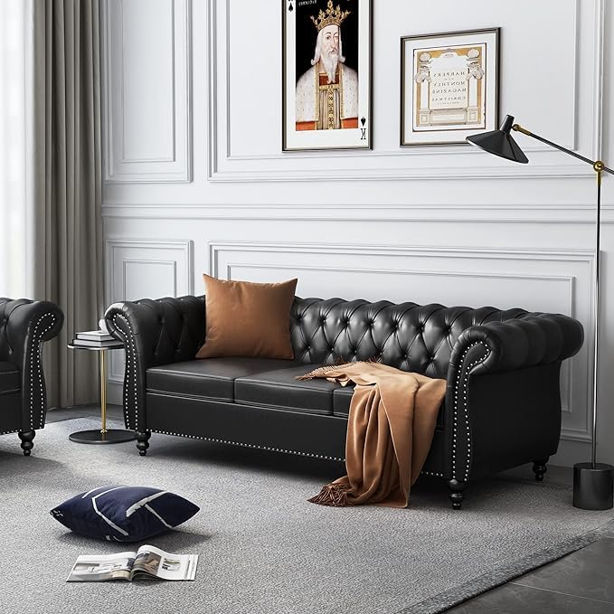 AVZEAR Chesterfield Leather Sofa 3 Seater Couch Mid-Century Large Sofa Roll Arm Classic Tufted Settee Modern PU Sofa with Channel Tufted Seat Back for Living Room Office Apartment PU Black