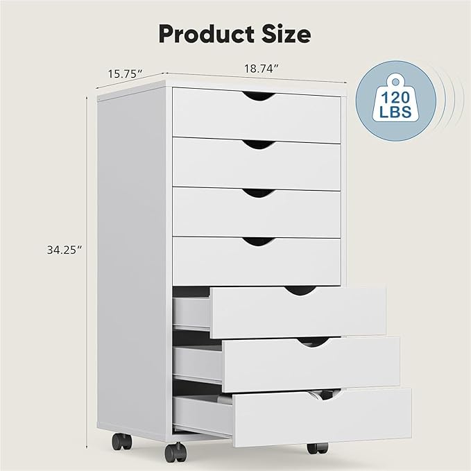 Mobile File Cabinet 7 Drawer Mobile File Cabinet Under Desk Storage Organization with Wheels Vertical Filing Chest Rolling Wood Small Desk White