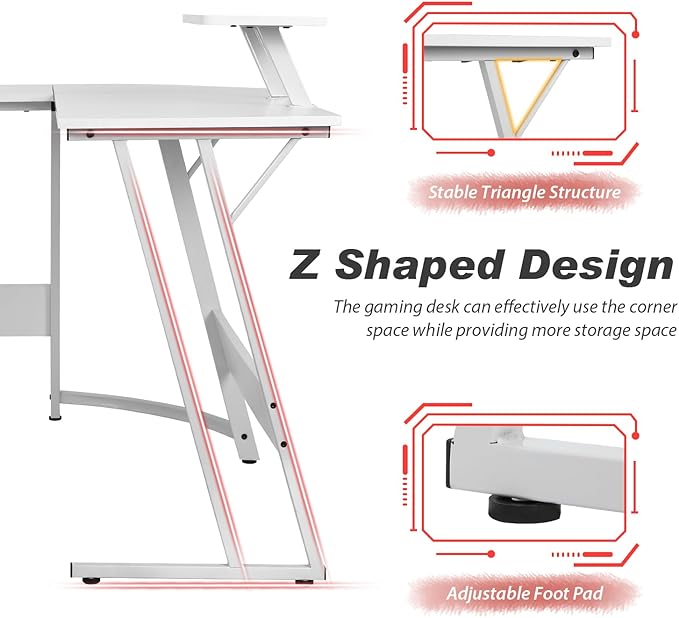 PayLessHere L Shaped Desk Corner Gaming Desk Computer Desk with Large Desktop Studying and Working and Gaming for Home and Work PlaceWhite