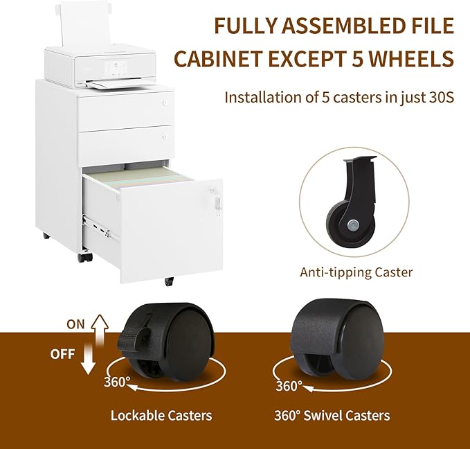 Mobile File Cabinet with 3 Locks 3 Drawer File Cabinets for Home Office Under Desk Metal Filing Cabinet for A4/Letter/Legal Lockable Fully Assembled Except castors White