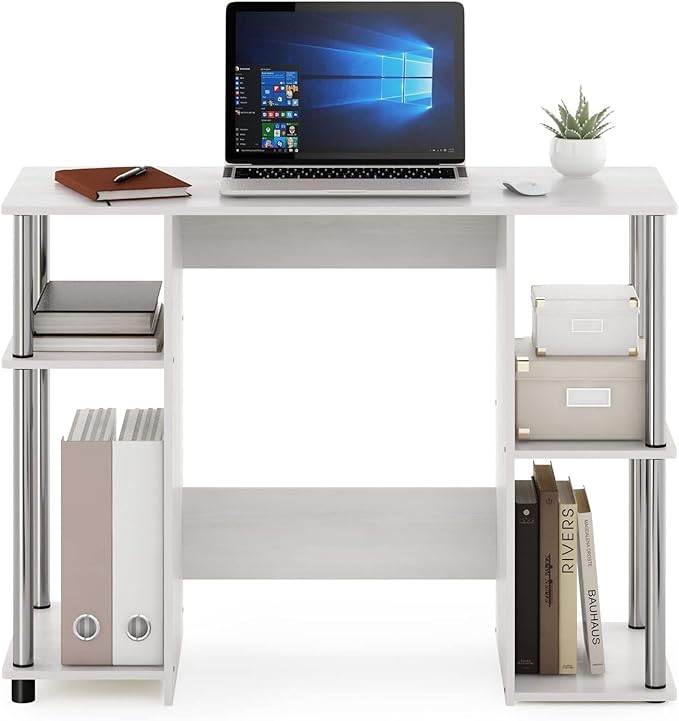 Compact Computer Desk - Study Writing Table for Small Spaces - Modern Home Office Desk White Oak/Stainless Steel