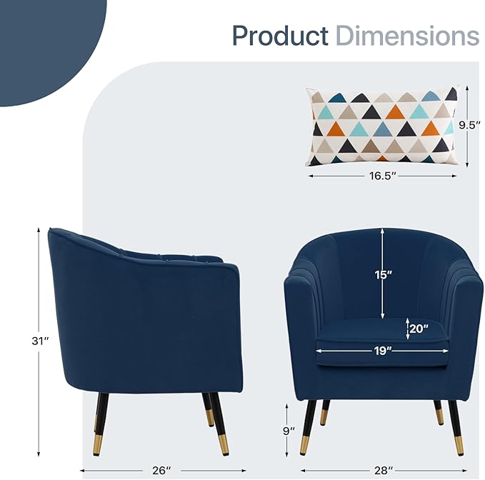 Mid-Century Modern Accent Chair Upholstered Armchair with Lumbar Pillow Single Sofa Chair with Metal Legs for Reading Comfy Barrel Chair for Living Room Bedroom Navy Blue