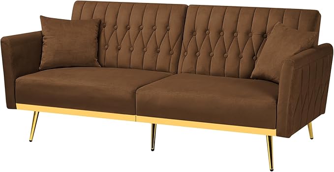 70” Velvet Futon Sofa Bed with 2 Pillows and Adjustable Armrests Convertible Sleeper Bed W/Adjustable Backrests Modern Loveseat for Living Room Bedroom Brown