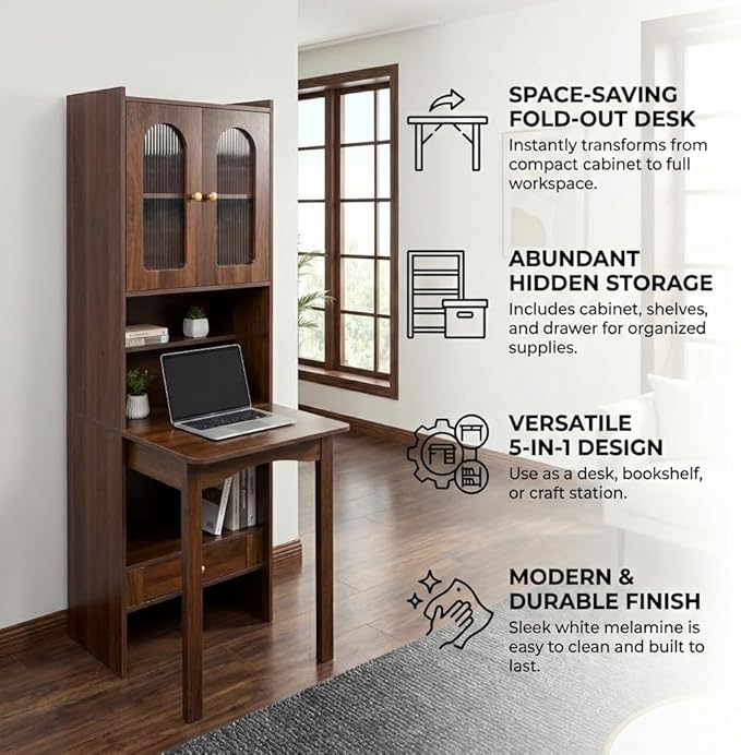 Fold Out Desk with Storage Hidden Desk Craft Storage Cabinet - Space Saving Fold Out Table with Drawer &amp Shelves 5-in-1 Multi-Functional Workstation for Home Office Living Room Bedroom (Walnut)