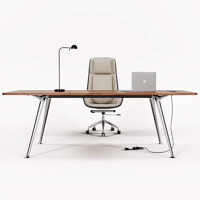 71-Inch Executive Desk Computer Office Desk Workstation with Chrome-Plated Legs and Built-in Power Outlet Writing Table Business Furniture Modern Minimalist Style for Home Office Walnut