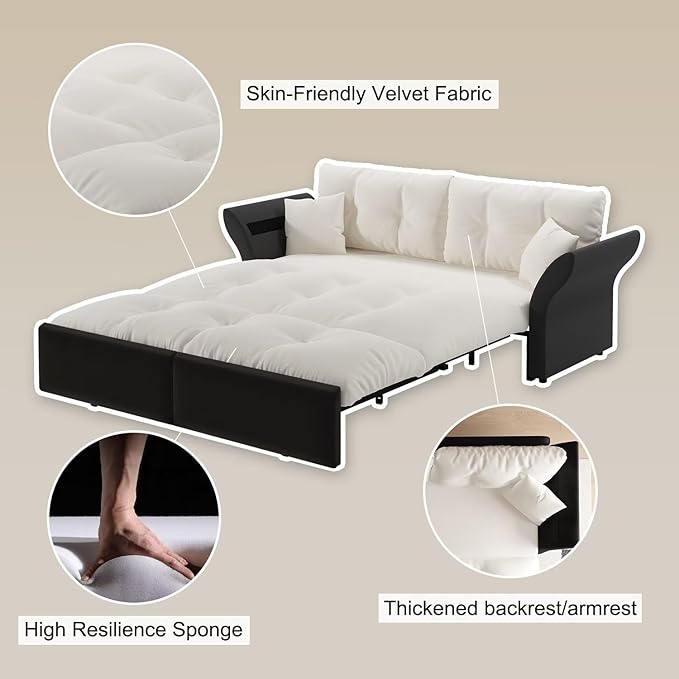 74.8 3-in-1 Folding Convertible Sleeper Tufted Couch with 2 Soft Pillows Velvet Pull Out Sofa Bed Multi-Functional Loveseat Bed Beige