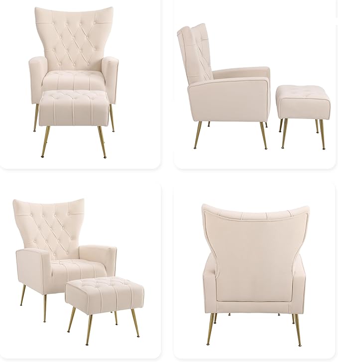 Velvet Accent Chair with OttomanUpholstered Tufted Wingback Arm Chair Modern Decorative Chairs with Gold Metal Legs for Bedroom Living Room (White1 Chair)