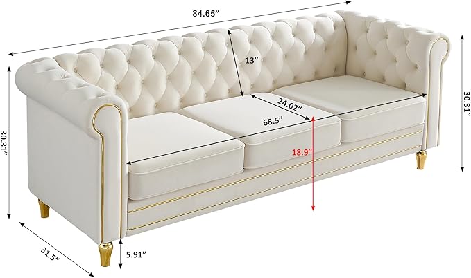 Homtique 84 Modern Sofa Couch for Living Room 3 Seater Couch Comfy Velvet Sofa Button Tufted Rolled Arms and Gold Legs Chesterfield for Home Studio/Office Bedroom Beige