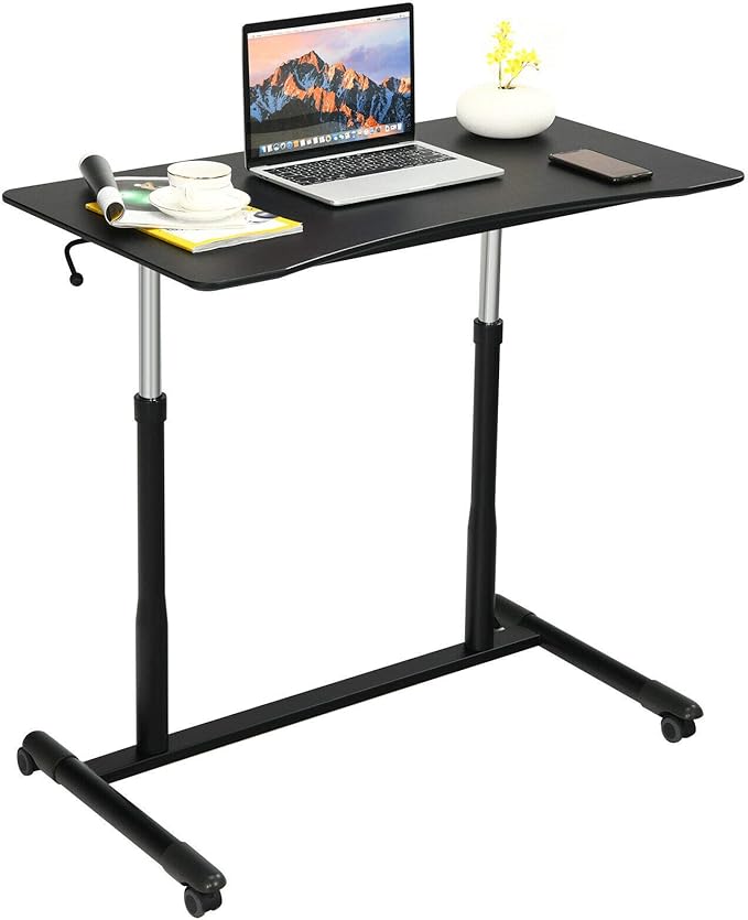 Tangkula Mobile Standing Desk Computer Desk Height Adjustable Stand Up Table with 4 Wheels Rolling Compact Standing Desk with Steel Frame MDF PVC Tabletop Ideal for Home Office (Black)