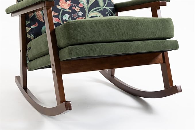 ZeHuoGe Mid Century Modern Accent Chair Rocking Chair with Wood Frame Upholstered Living Room Chairs Reading Armchair for Bedroom Sunroom (Antique Green)