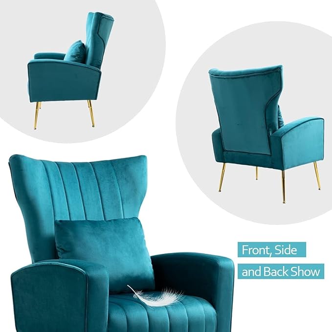 Velvet Accent Chair for Living Room Bedroom Modern Arm Chair with Wingback &amp Gold Metal Legs Lumbar Pillow Included Dark Teal
