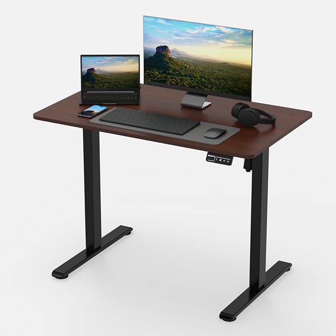 Mount-It! Motorized Standing Desk 40x24 – Height Adjustable Sit to Stand Desk for Home Office Compact Ergonomic Workstation with Memory Presets Black Frame with Hazelnut Woodgrain Top