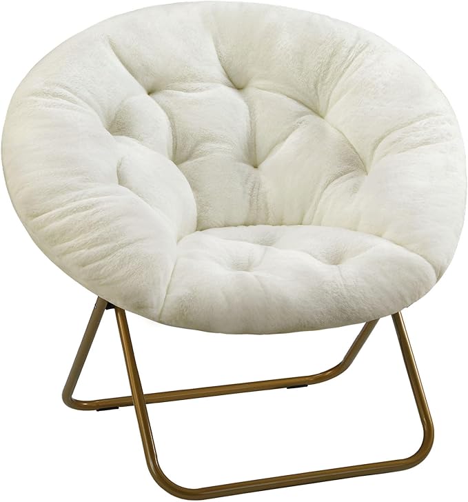 Sweetcrispy Cozy Saucer Chairs Faux Fur Living Room Reading Lounge Furniture Folding Comfy with Soft Thick Padded Seat Metal Frame Modern Style for Bedroom Home Adults X-Large White
