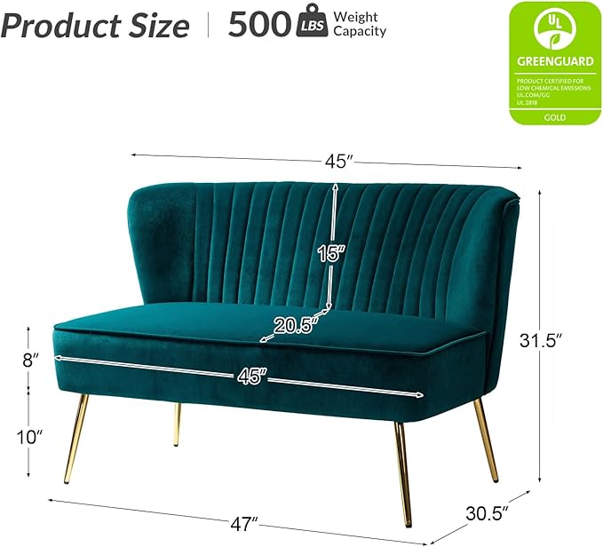 HULALA HOME Velvet Loveseat Sofa with Gold Legs Mid-Century Modern Upholstered Love seat Couch Tufted Small 2-Seat Sofa Armless for Living Room Bedroom Apartment Small Spaces Teal