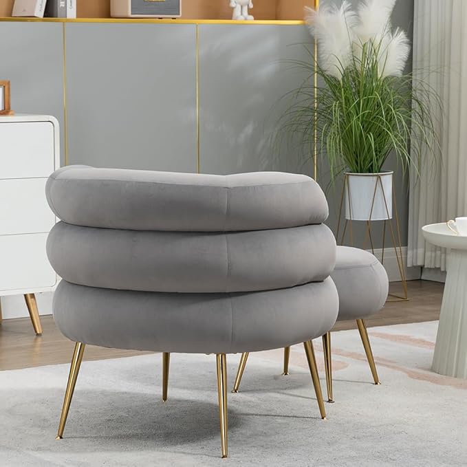Single Sofa Chair Velvet Accent Chair with Ottoman Round Sofa Chair Modern Barrel Chair with Gold Buckle and Leg for Living Room Bedroom Waiting Room Small Spaces (Gray)