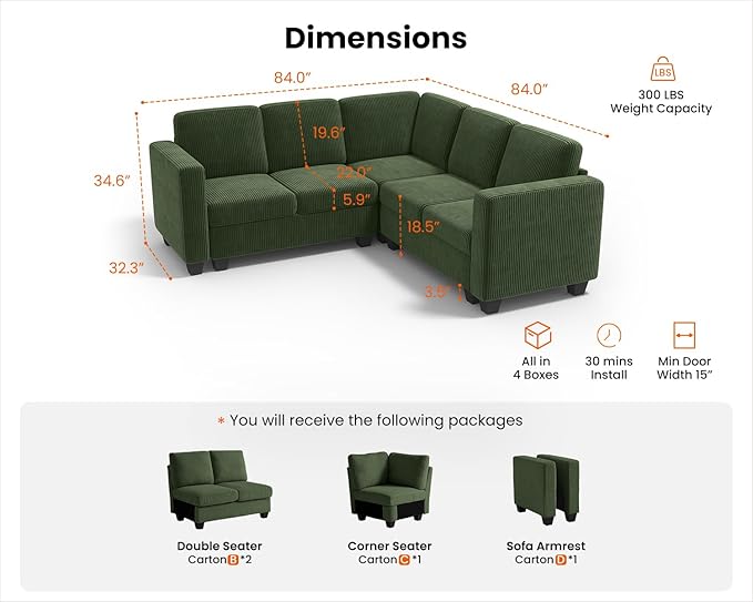 CHIC HOUSE Modular Sectional Couch - Corduroy Shaped Sleeper Sofa Bed with Storage Ottoman Armrest Neck Support Convertible Furniture for Living Room Lounge (Green 5 Seater L-Shaped)