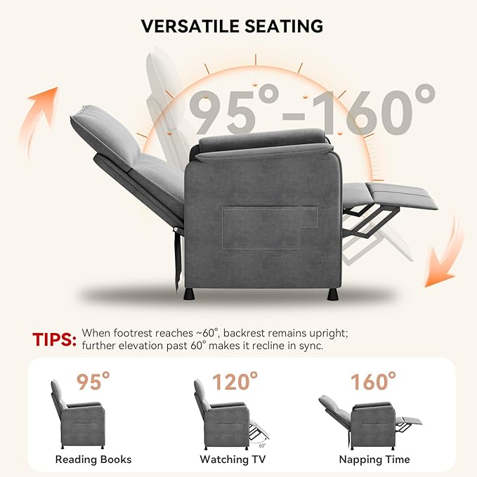 Recliner ChairElectric Adjustable Chenille Recliner with Remote Control and Padded BackrestHome Theater Recliner Single Sofa Seat with Thick Seat Cushion for Living Room Bedroom (Grey)