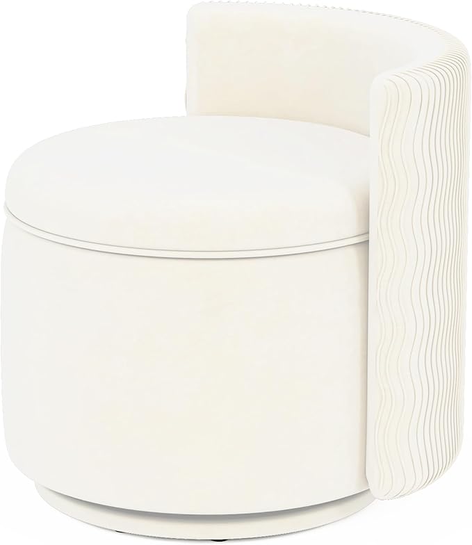 360° Swivel Accent Chair with Storage Vanity Stool with Back Velvet Storage Ottoman Upholstered Round Barrel Vanity Chair for Living Room Makeup Room Bedroom (Off White)