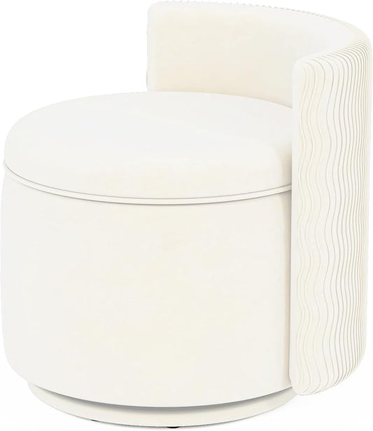 360° Swivel Accent Chair with Storage Vanity Stool with Back Velvet Storage Ottoman Upholstered Round Barrel Vanity Chair for Living Room Makeup Room Bedroom (Off White)