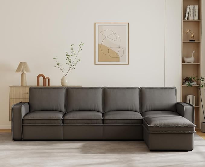 EALSON 119 Modular Sectional Sofa Comfy Cloud Couch with Ottoman Modern Convertible L Shape Couches with Wooden Legs Linen Deep Seat Couch 4-Seater Sofa with Ottoman for Living Room/Apartment Grey
