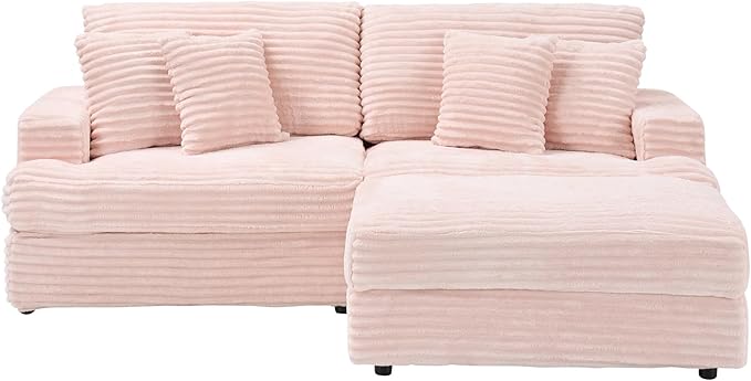 82 Inches Corduroy Square Arms Loveseat Sofa with One Storage Ottoman Comfy Deep Seat Modular Sectional Futon Couch with 4 Throw Pillows for Living Room Bedroom Office (Pink)