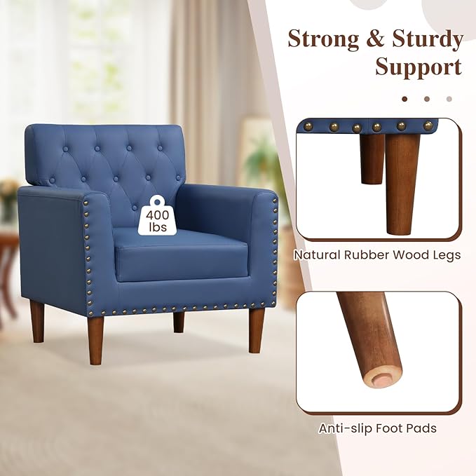 KOMFOTT Mid Century Modern Accent Chair Faux Leather Upholstered Armchair with Button Tufted Decoration &amp Rivets Rubber Wood Legs Soft Padded Seat Cushion Single Sofa for Living Room Home (Bl