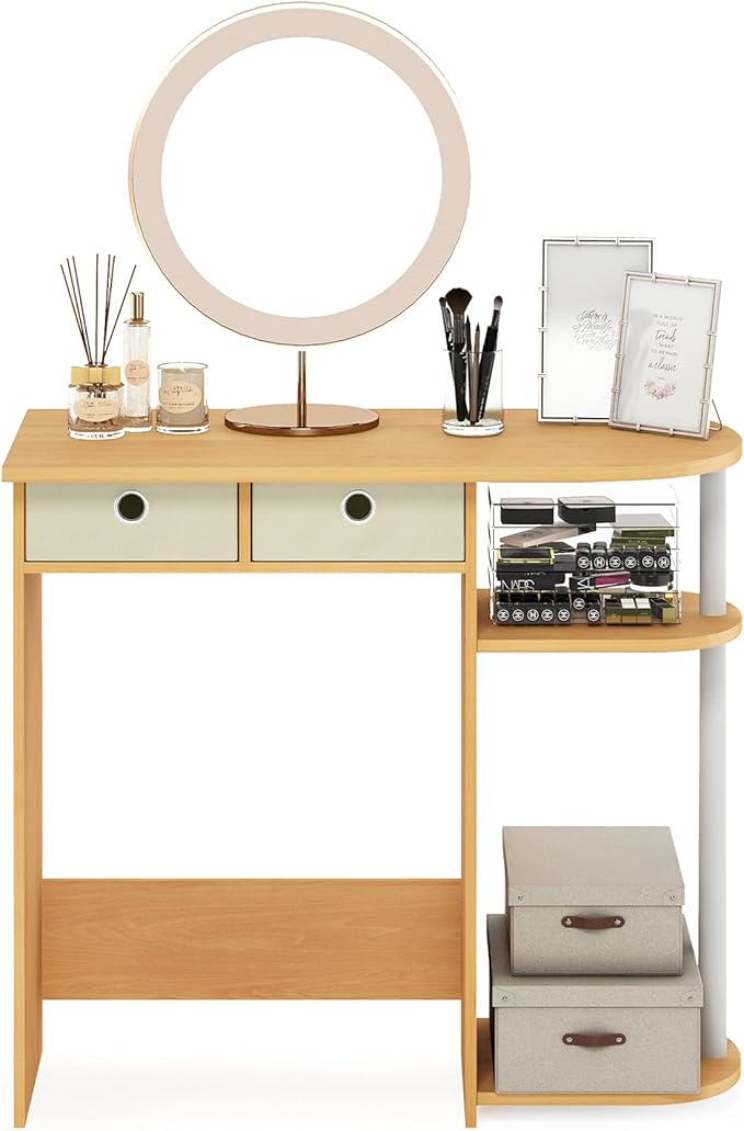 Furinno GO GREEN Desk 31.5 Wide Gaming Desk with 2 Side Shelves and Storage Bins Computer Desk Office Desk for Home Office Study Room Dorm Bedroom Beech