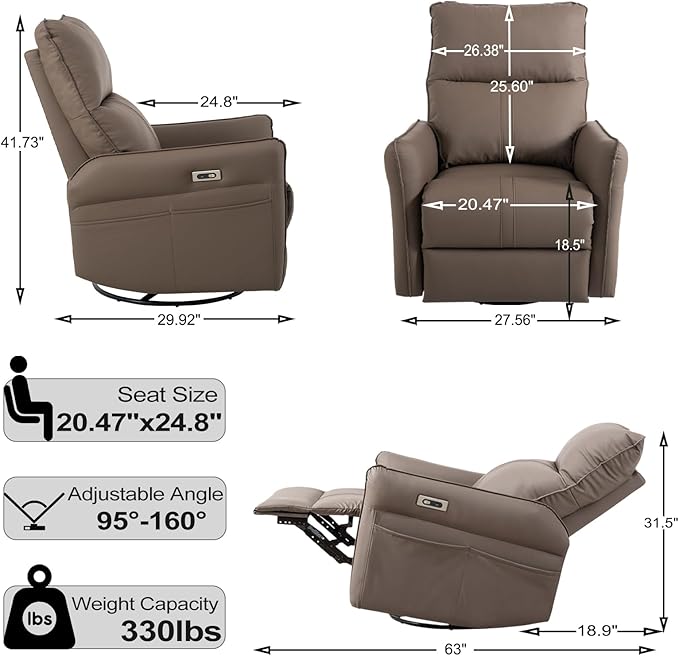 cinkehome Power Swivel Rocker Recliner with USB Overstuffed Electric Reclining Chair Faux Leather Rocker Recliner for Nursery Living Room Brown