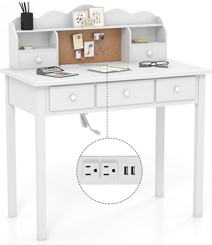 White Writing Desk with Hutch and Drawers 36 Inch Home Office Desk with Charge Station Computer Work Station with Storage Shelf