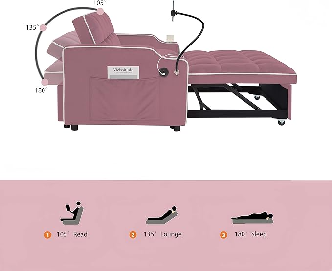 Loveseat Pull Out Couch 3 in 1 Convertible Sofa Bed Adjustable Backrest with Phone Holder Side Pocket &amp USB Port Modern Sofa for Living Room Bedroom Apartment (Pink)