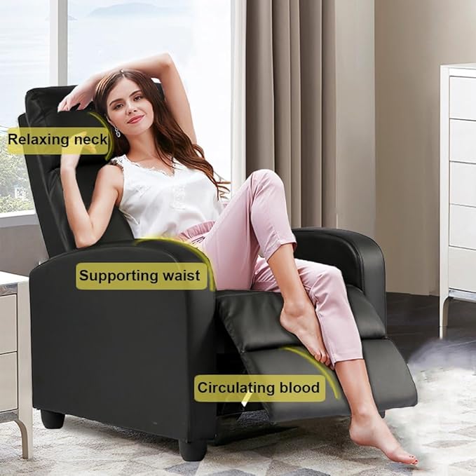 BestMassage | Recliner Chair | No Massage Function | Leather Black | with Lumbar Support Adjustable Push Back Wide Armrests Footrest &amp Padded Seat | Easy Assembly | for Living Room Home Theatr
