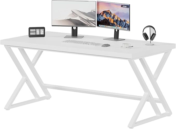 LVB Modern White Computer Desk Long Industrial Home Office Desk for Student Large Metal Wood Writing Study Work Desk Farmhouse Executive Gaming Computer Table for Bedroom Living Room White 60 in