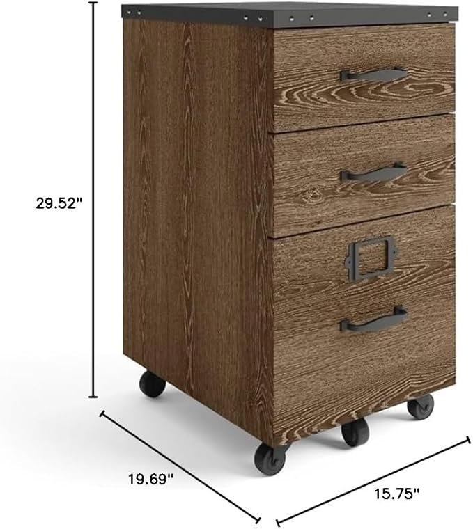 NBF Three Drawer Mobile File Storage Pedestal - Weathered Gray | Mobile Storage Unit Secure Storage Solution Stylish Organization
