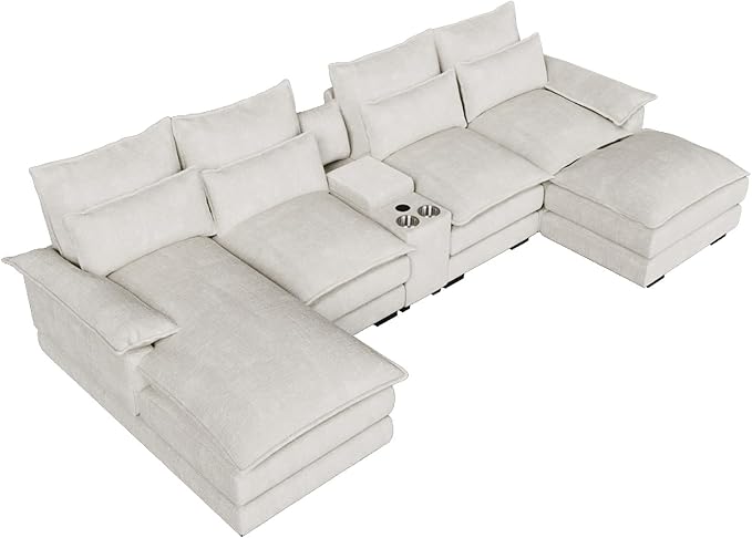 OUYESSIR 135 U Shaped Sectional Cloud CouchBeige Sectional Couches for Living RoomComfy Fluffy Chenille Oversized Cloud CouchModular Sectional Sofa with Central Console &amp Double Chaise Lounge