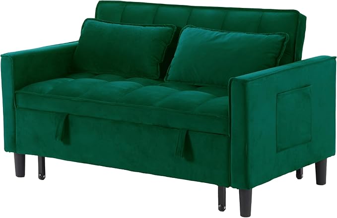3 in 1 Convertible Sofa Bed Love Seat Sleeper Bed with Side Pockets Velvet Fabric Pull Out Couch with Adjustable Backrest for Living Room Bedroom Apartment Dark Green