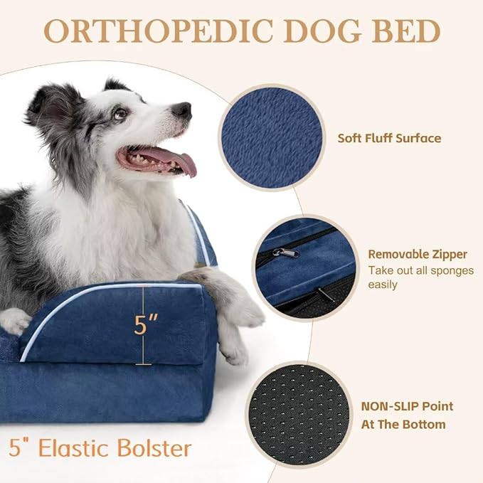 Comfort Expression Orthopedic Dog Bed for Extra Large Dogs 42x30 Inch Waterproof Egg Crate Foam XL Pet Bed with Removable Bolsters Dog Couch with Washable Cover &amp Non-Slip Bottom Navy Blue