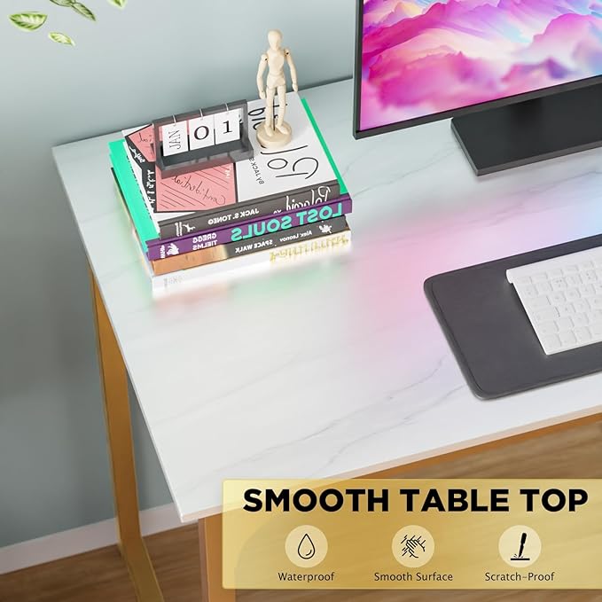 Bigacc Computer Desk Office Desk with Metal Frame Adjustable Feet | Water-Resistant Scratchproof Surface | Sturdy Writing Table for Home Office or Study (White Gold 39 Inch)