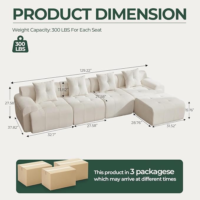 129.23”Modular Sectional Couch for Living Room Modren L-Shape Cloud Sectional 4-Seater Sofa with 2 Movable Ottomans Woven Texture Upholstery Boneless Couch No Assembly Beige