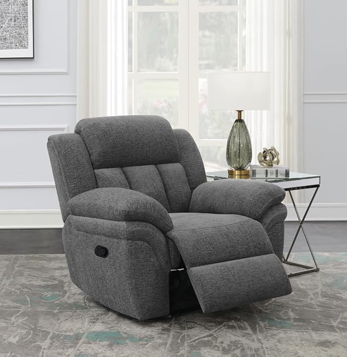 Coaster Home Furnishings - Bahrain - Fabric Upholstered Glider Recliner Chair with Wall Hugger Cool Gel Memory Foam Padded Arms and Plush Headrest - Living Room - 44-Inch - Charcoal - 609543