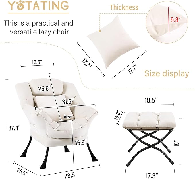 Lazy Chair with Ottoman Comfy Reading Lounge Chair with Footstool &amp Throw Pillow Modern with Armrests &amp Side Pocket for Living Room Bedroom Dorm Room Velvet Beige