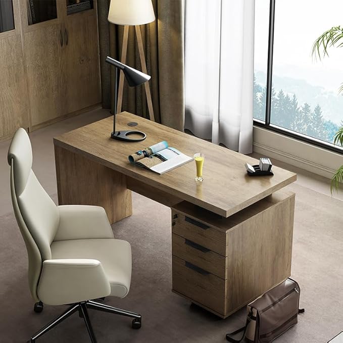 Modern Executive Desk with Lateral File Cabinet Sleek Office Stand Up Desk for Home Office Computer Desks Drawers Workstation Walnut