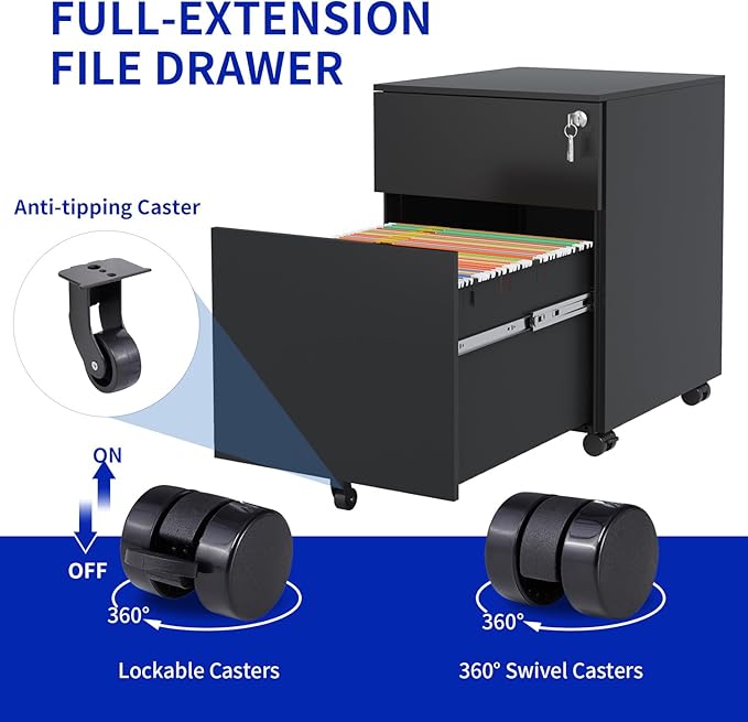 LifeSky Mobile File Cabinet for Office: 2-Drawer Rolling Storage with Lock - 5-Point Stability System &amp Full-Extension Drawers for Legal/Letter/A4/F4 Files - Compact Under-Desk Design for Home Off