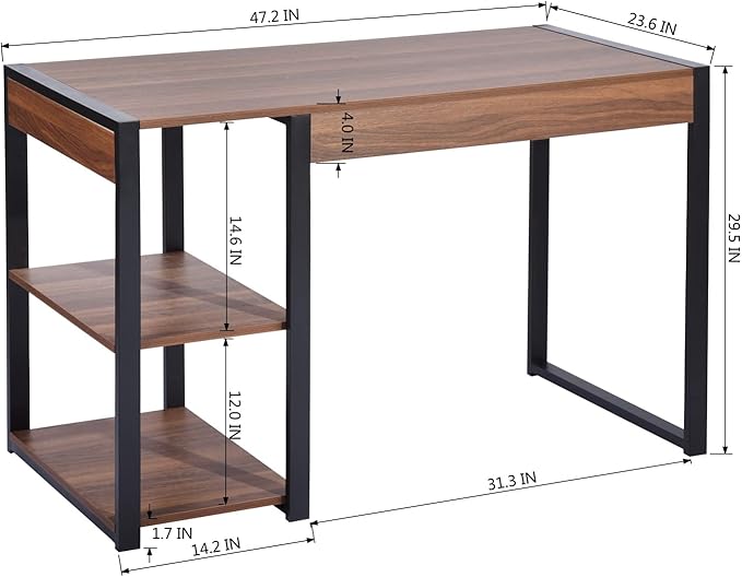 47.2 Home Office Desk Computer Desk Storage Desk Morden Style with Open Shelves Worksation Brown Black